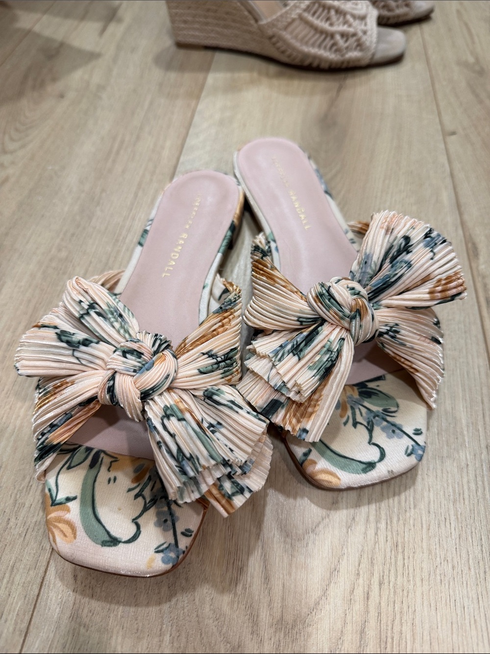 Loeffler Randall Floral Bow Slide Sandals in Blush and Green
